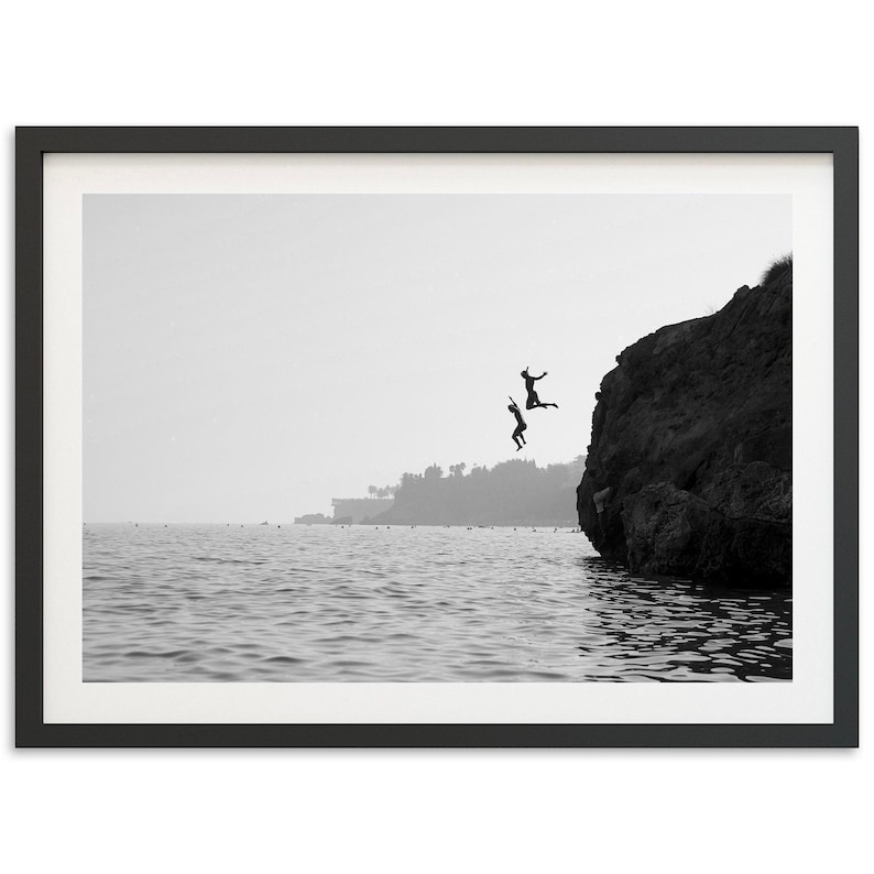 Framed Photography Wall Art | Black and White Print, Coastal Ocean Decor, Cliff Jumping Black
