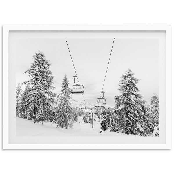 Fine Art Mountain Ski Art - Black and White Photography Framed Print Snow Winter Forest Cabin Framed Home Wall Decor