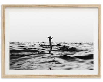 Framed Shaka Surf Print | Black and White Ocean Photography, Coastal Art