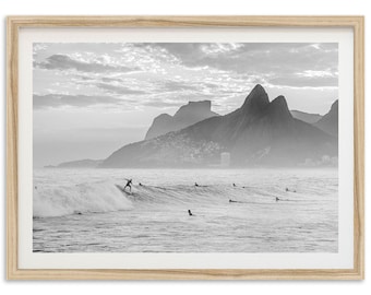 Framed Ipanema Beach Surf Print | Black and White Coastal Photography