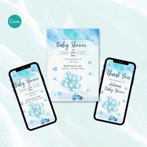 Invitación digital para baby shower, plantilla editable de Canva, versiones móvil e impresa