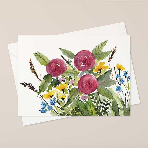 Pack of 10 x Watercolour Flower Greeting Cards with Envelopes (size 4.25 x 5.5)