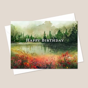 Lot de 10 cartes d'anniversaire lac - fleurs rouges avec enveloppes, vierges ou avec texte