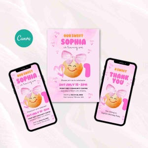 Invitación de cumpleaños personalizable de un año • Plantilla editable de Canva • Descarga digital • Versiones para móvil e impresión