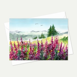 Lot de 10 cartes de voeux - Prairies des montagnes de Whistler avec fleurs violettes - Cartes vierges inspirées de la nature avec enveloppes