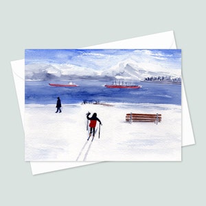Lot de 10 cartes de voeux d'hiver - Taille : 5 x 7 enfants - Scène de ski - Aquarelles pour les fêtes et les saisons avec enveloppes