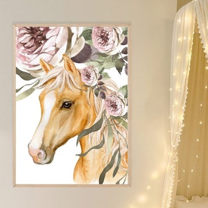Horse Nursery Prints, Palomino girls floral Pony prints, girls wall art.