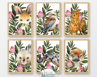 Printed Australian Animals Nursery wall prints, set of six Australian animal  nursery Flora prints, Animal nursery wall art
