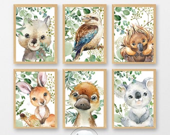 Printed Australian unisex Nursery wall prints, set of six Australian animal  nursery prints, Animal nursery wall art