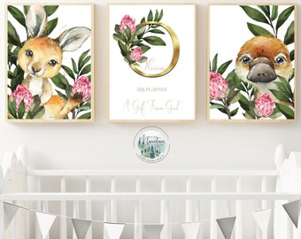 Printed Australian Animals Girls Nursery wall prints, Name print Australian animal  nursery prints, Animal nursery wall art