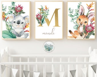 Printed Australian Animals, Girls Nursery wall prints, Name print Australian animal  nursery prints, Animal nursery wall art