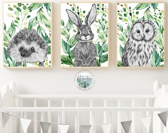 Printed Woodland Girls Nursery wall prints, Woodland animal nursery prints, Animal nursery wall art