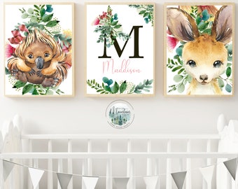 Printed Australian Animals, Girls Nursery wall prints, Name print Australian animal  nursery prints, Animal nursery wall art