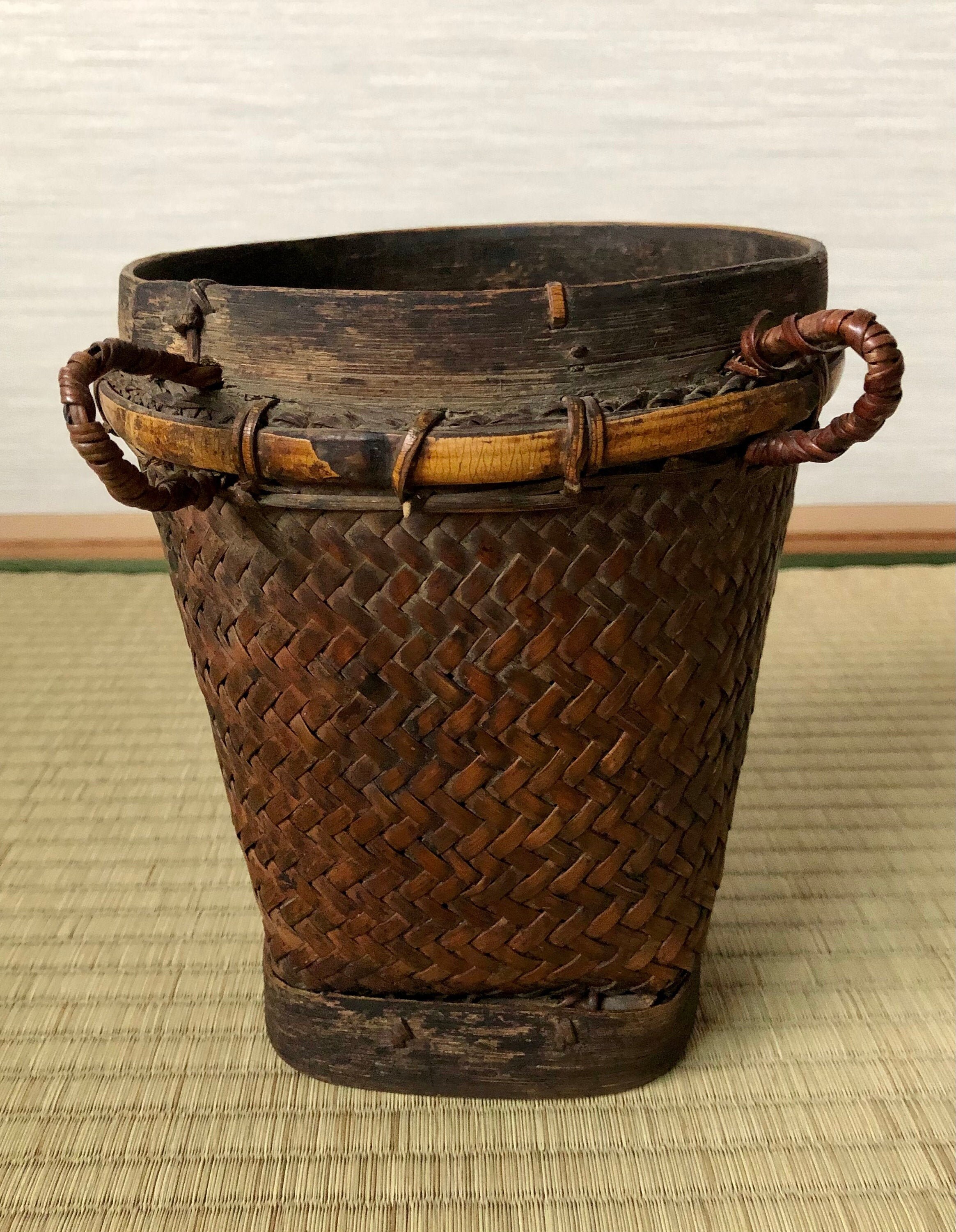 Vintage Japanese Bamboo Weave basket Showa period Etsy