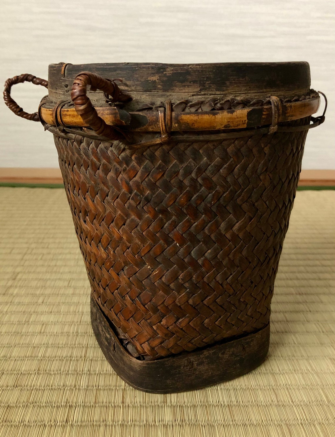 Vintage Japanese Bamboo Weave basket Showa period Etsy