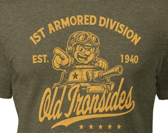 1st Armored Division Army T-Shirt, Old Ironsides Vintage Tanker Mascot. Olive Heather