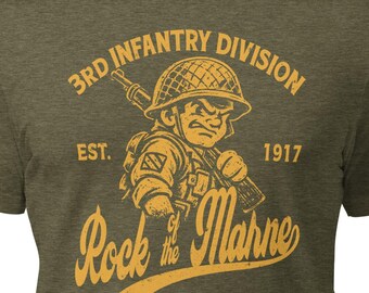3rd Infantry Division Army T-Shirt, Rock of the Marne Vintage Mascot, Olive