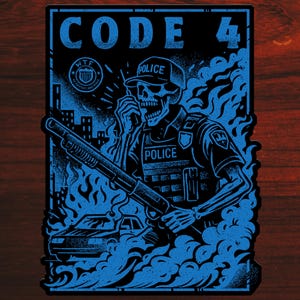 Code 4 Police Skull Sticker, Law Enforcement Graphic
