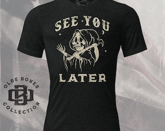 Camiseta "Hasta luego, Parca", camiseta de Halloween, camiseta de calavera, ropa de la Parca, calavera vintage, camiseta de estilo retro, camiseta de Halloween