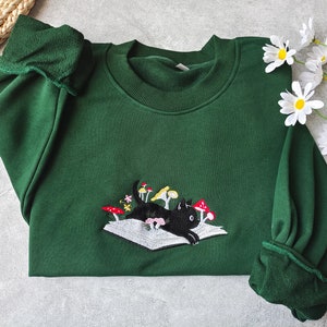 Cute Black Cat And Books Embroidered Sweatshirt,Embroidered Mushroom Crewneck,Mushroom decor, Gift for Cat Lover,Sweatshirts for women &Men