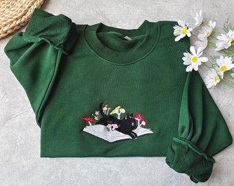 Cute Black Cat And Books Embroidered Sweatshirt,Embroidered Mushroom Crewneck,Mushroom decor, Gift for Cat Lover,Sweatshirts for women &Men