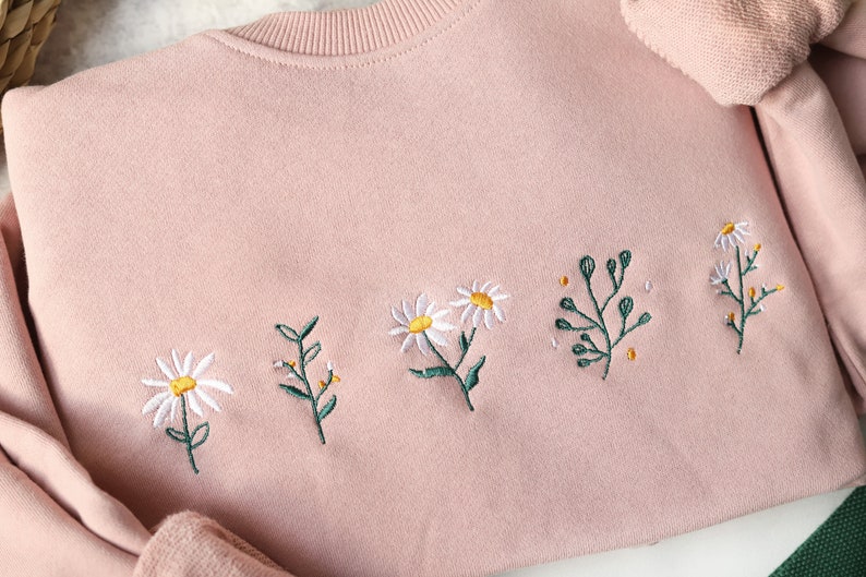 Pink Daisy Embroidered Crewneck Sweatshirt Embroideredlovely Etsy