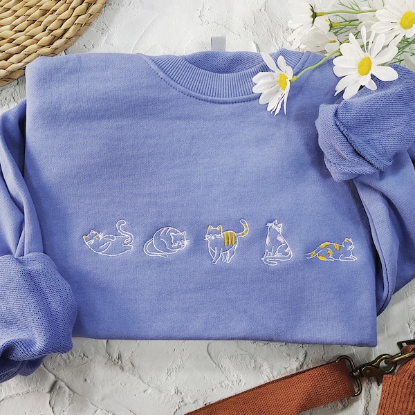 Schattige kat geborduurd sweatshirt met ronde hals, Kawaii sweatshirt, sweatshirt met ronde hals geborduurd, gepersonaliseerde geschenken