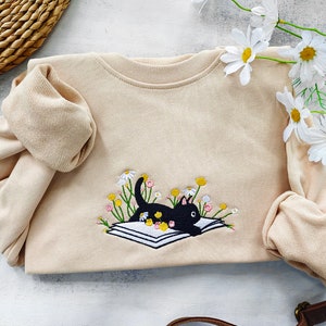 Cute Lying On The Book Cat Embroidered Sweatshirt,Embroidered Daisy crewneck,Reading Sweatshirt,Books Reading, Gift for Cat Lover image 2