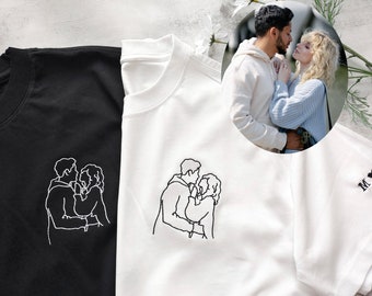 Chemise brodée portrait personnalisée, t-shirt photo contour, chemise dessin au trait couple, chemise cadeau Saint Valentin, chemise fête des mères