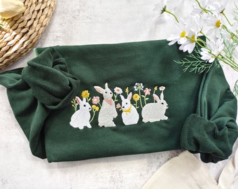 Rabbit And Flower Embroisered Sweatshirt,Crewneck sweatshirt,Cute Rabbit sweatshirt,Gift for her,Gifts for friends,Easter Gifts
