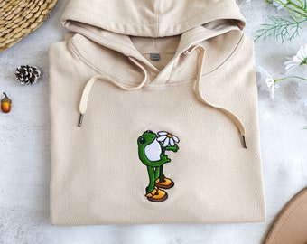 Bestickter Frosch Hoodie, süßes Gänseblümchen Sweatshirt, Frosch mit Blumen Sweatshirt, Weihnachts Sweatshirt, Geschenk für Naturliebhaber, Geschenk für Frosch Liebhaber