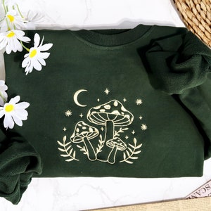 Retro mushroom embroidered crewneck green sweatshirt,trendy sweatshirt,mushroom lovers gift, Personalized Gifts For Mom