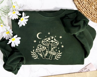 Retro mushroom embroidered crewneck green sweatshirt,trendy sweatshirt,mushroom lovers gift, Personalized Gifts For Mom