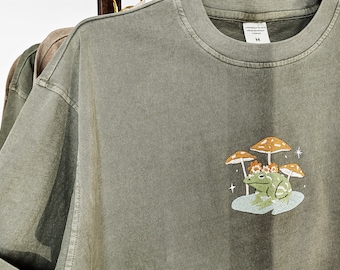 T-shirt brodé grenouille et champignon, chemise unisexe vintage personnalisée, t-shirts surdimensionnés, cadeaux pour elle/il, cadeau pour les amoureux de la nature