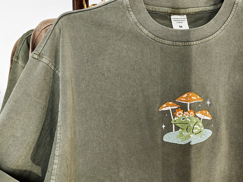 Frog and Mushroom Embroidered Tshirt,Personalised Vintage Unisex Shirt,Oversized tshirts,Gifts for her/he,Nature Lover's Gift image 1