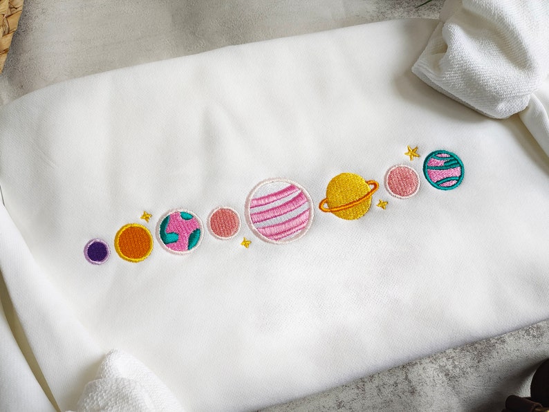 Pink Planets Embroidered Sweatshirt,Embroidered Space Crewneck,Comfy Cute Sweatshirt image 2