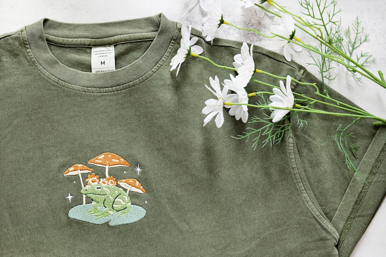 Frog and Mushroom Embroidered Tshirt,Personalised Vintage Unisex Shirt,Oversized tshirts,Gifts for her/he,Nature Lover's Gift image 4