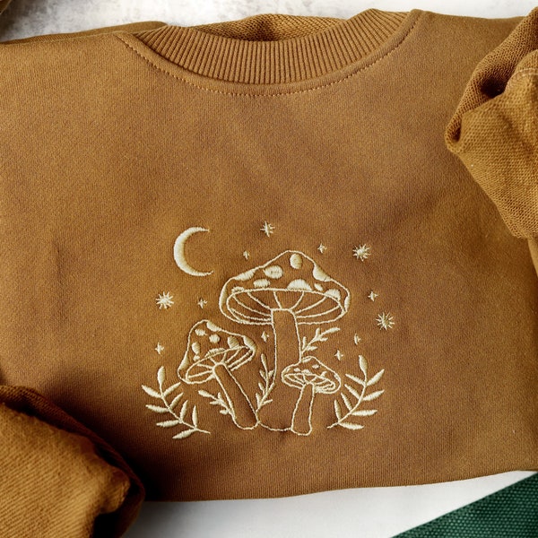 Mushroom embroidered crewneck sweatshirt,Brown Sweatshirt,retro sweatshirt,mushroom lovers gift