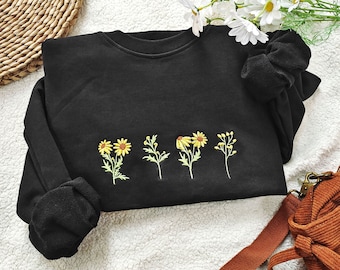 Round vintage neck sunflower women's trend embroidered sweatshirt,Black sweatshirt Anniversary gift