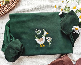 Cute Embroidered Duck Sweatshirt,Goose and Daisy Embroidered Crewneck ,Funny Sweatshirt, Silly Goose,Animal Lover Gift