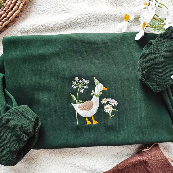 Cute Embroidered Duck Sweatshirt,Goose and Daisy Embroidered Crewneck ,Funny Sweatshirt, Silly Goose,Animal Lover Gift