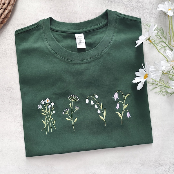 Lovely Wildflowers Embroidered Tshirt,Dark Green Daisy  Shirt,Floral Embroidery tshirts,Gifts for her/he,Gifts for Mum