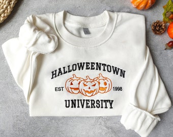 Halloween Stadt Universität besticktes Sweatshirt, Halloween-Stickerei-Sweatshirt, Herbst-Pullover, Y2K-Stil bestickter Rundhalsausschnitt, Halloween-Geschenk