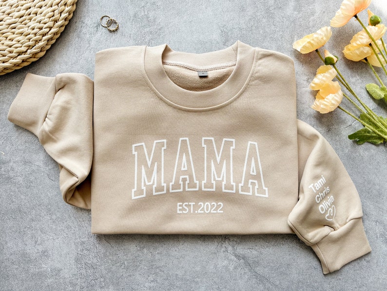 Custom Embossed Mama Sweatshirt with Kids Names,MAMA Puff Design Sweatshirt,Custom Puff Print Sweatshirt,Mothers Day Gift image 1