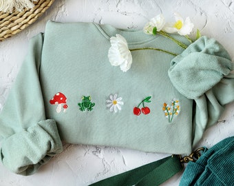 Cute daisy mushroom embroidered sweatshirt,Embroidered Mushroom,Frog,Leaves,crewneck sweatshirt embroidered,vintage sweatshirt