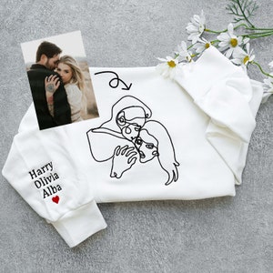 Benutzerdefinierte Fotolinie besticktes Sweatshirt, personalisiertes Sweatshirt, Umrissfoto-Sweatshirt, Custum Paar Hoodie, Hochzeitsgeschenk Bild 1