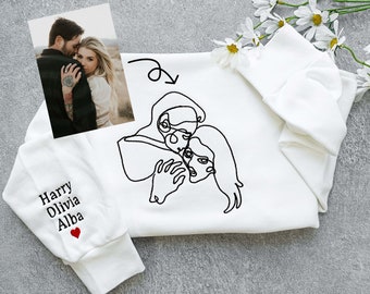 Custom photo line embroidered sweatshirt,Personalized sweatshirt,outline photo sweatshirt,Custum couple Hoodie, Wedding Gift