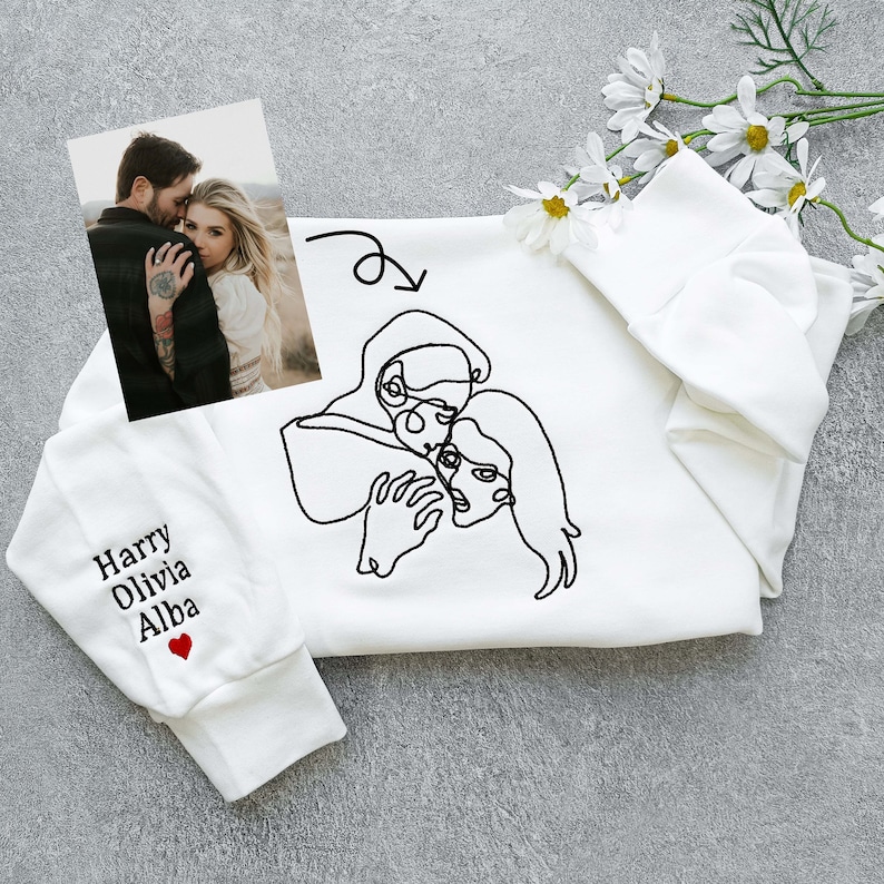 Custom photo line embroidered sweatshirt,Personalized sweatshirt,outline photo sweatshirt,Custum couple Hoodie, Wedding Gift image 1