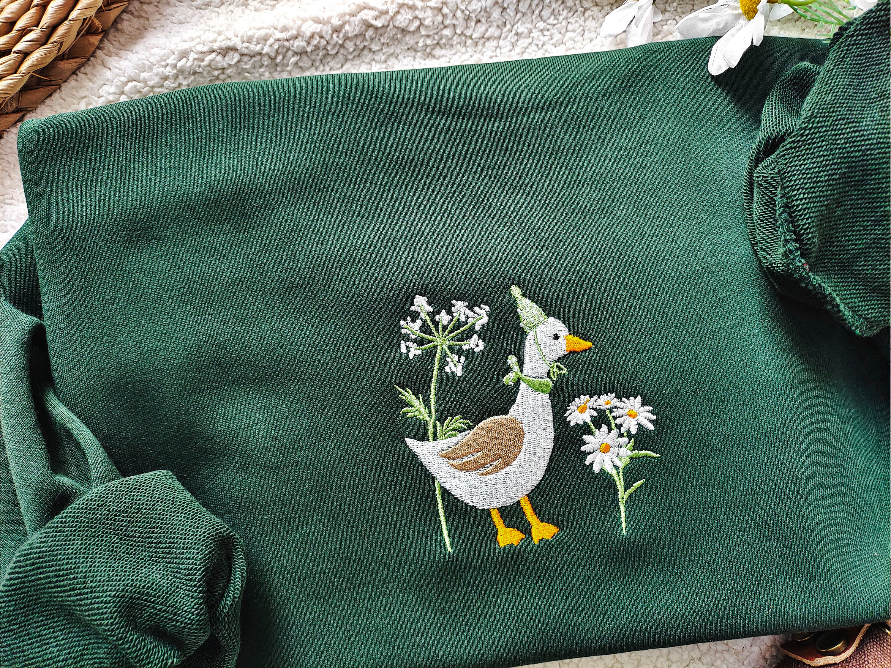 Discover Cute Embroidered Duck Sweatshirt,Goose and Daisy Embroidered Crewneck ,Funny Sweatshirt, Silly Goose,Animal Lover Gift