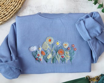 Wildblumen bestickt Crewneck, Vintage Sweatshirt, Fine Line, floral besticktes Sweatshirt, Geschenke für Frauen, Freunde, Geschenk für MAMA